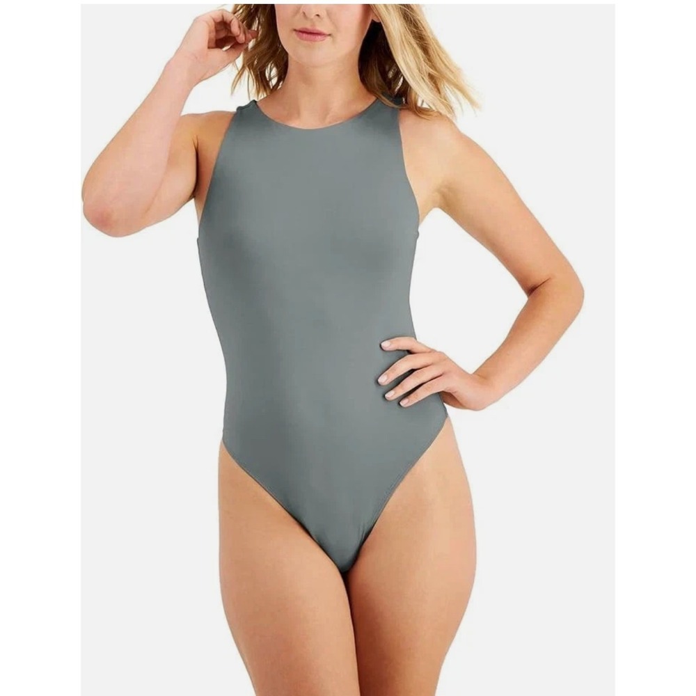 Alfani Womens  Thong Bodysuit Size XL Grey Strech High Neck NWT Sleeveless Boho